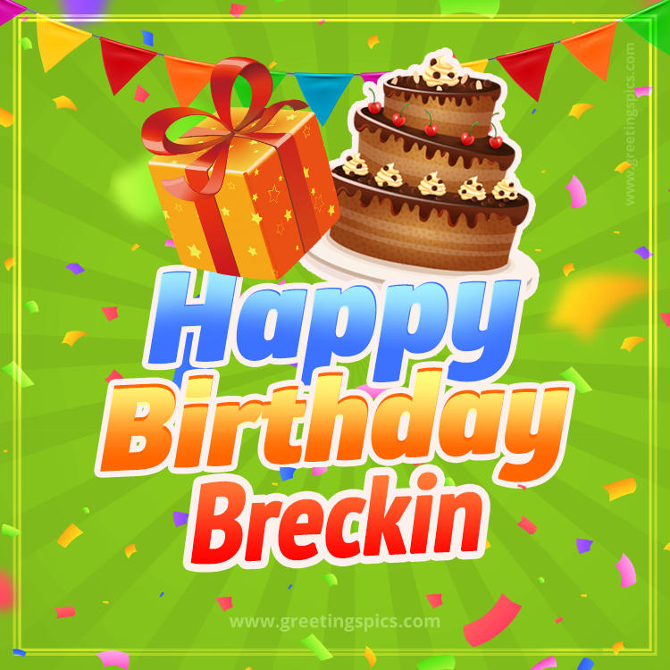 Happy Birthday Breckin picture with flags, chocolate cake and gift box (square shape image)