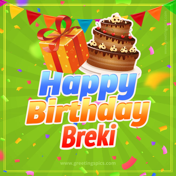 Happy Birthday Breki picture with flags, chocolate cake and gift box (square shape image)