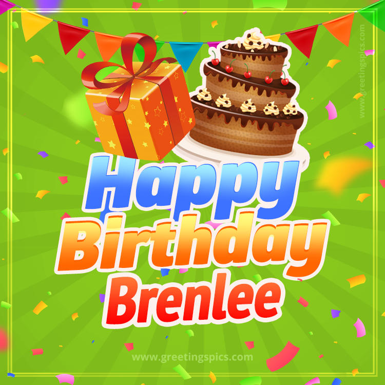 Happy Birthday Brenlee picture with flags, chocolate cake and gift box (square shape image)