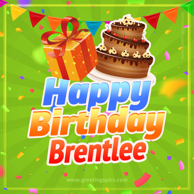 Happy Birthday Brentlee picture with flags, chocolate cake and gift box (square shape image)