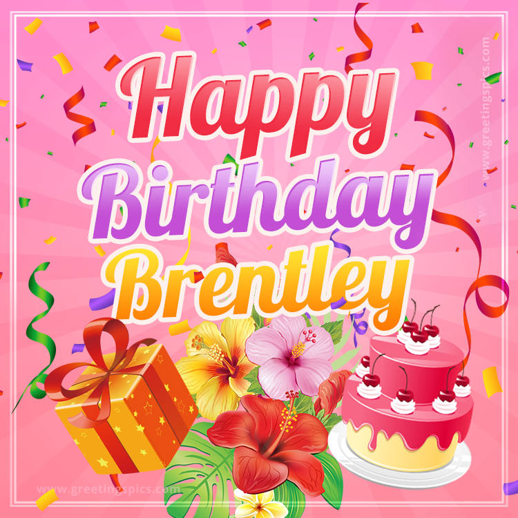 Beautiful Birthday Card for Brentley with Cake and bouquet of flowers (square shape image)