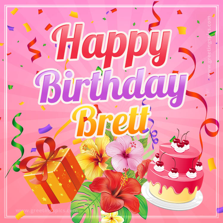 Beautiful Birthday Card for Brett with Cake and bouquet of flowers (square shape image)