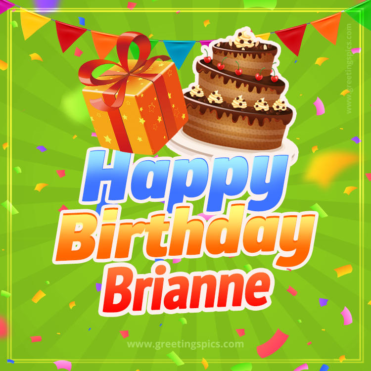 Happy Birthday Brianne picture with flags, chocolate cake and gift box (square shape image)