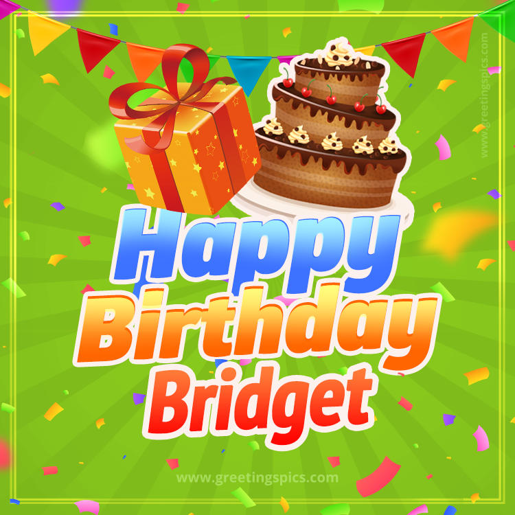 Happy Birthday Bridget picture with flags, chocolate cake and gift box (square shape image)