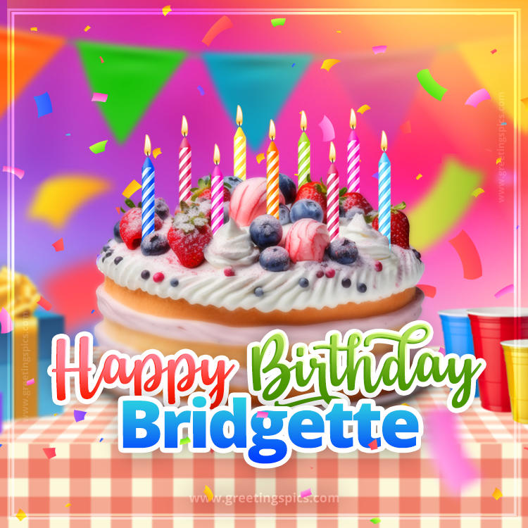 Happy Birthday Bridgette Colorful Image with fruit cake and candles (square shape image)