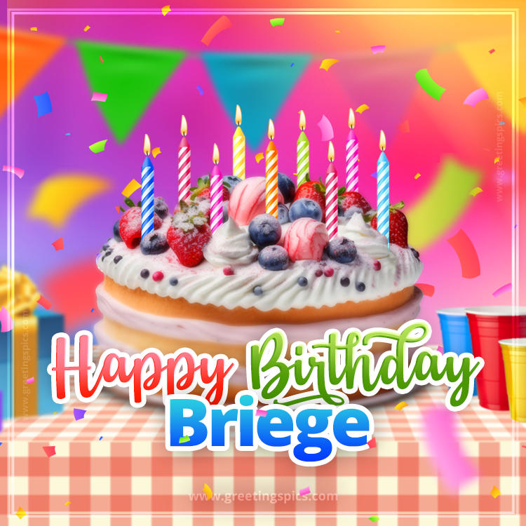 Happy Birthday Briege Colorful Image with fruit cake and candles (square shape image)