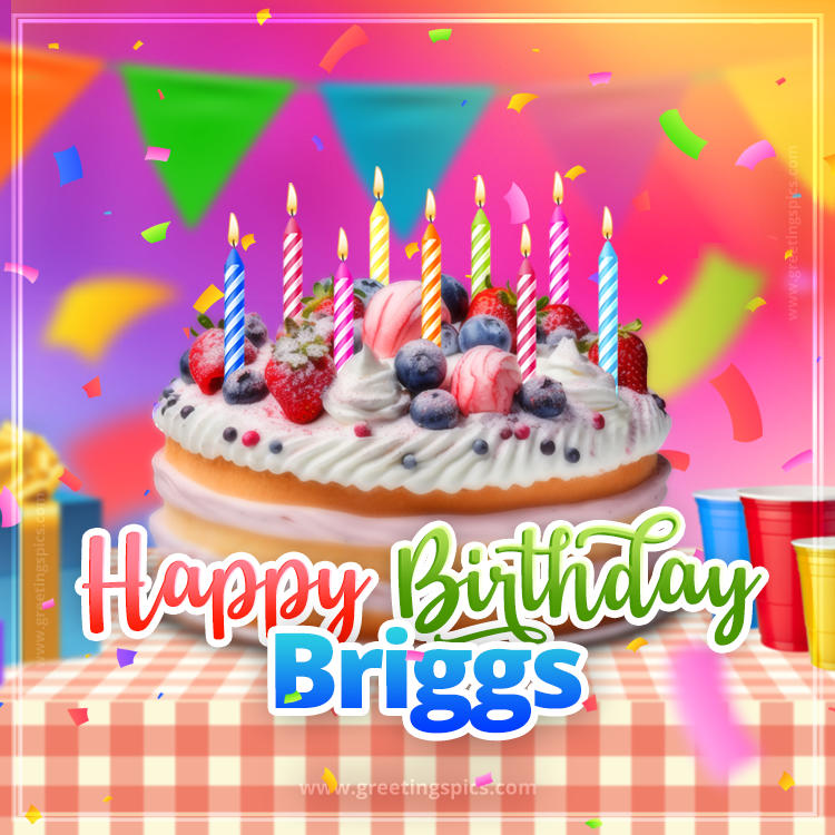 Happy Birthday Briggs Colorful Image with fruit cake and candles (square shape image)