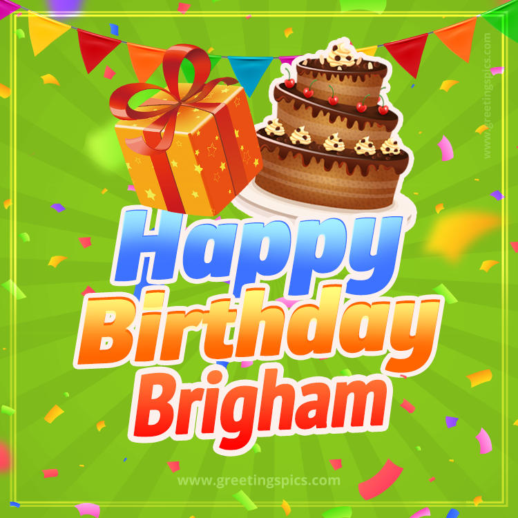 Happy Birthday Brigham picture with flags, chocolate cake and gift box (square shape image)