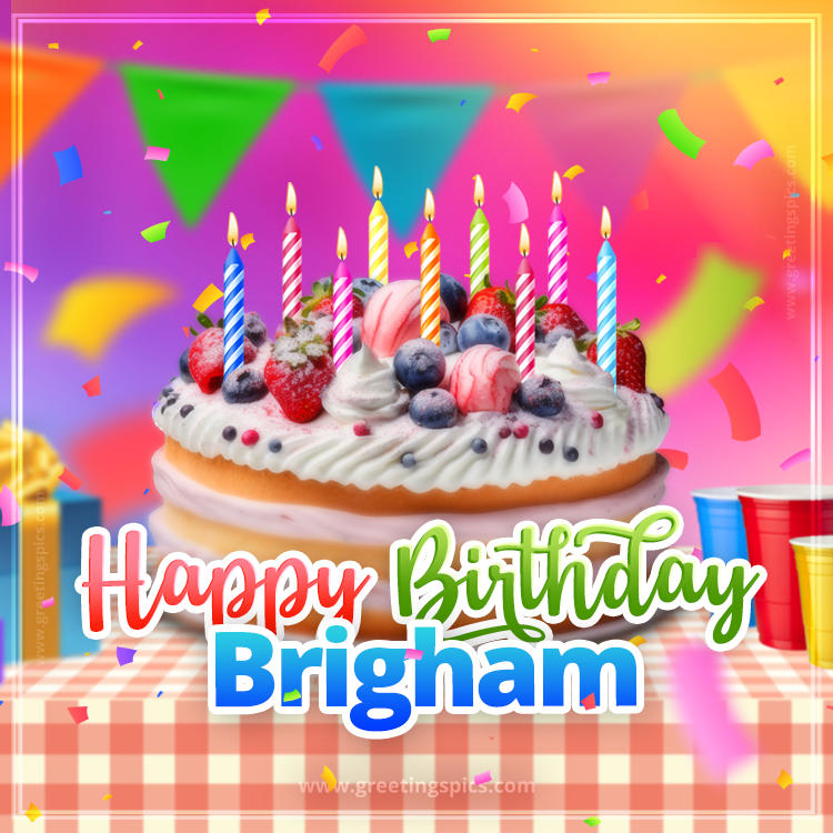 Happy Birthday Brigham Colorful Image with fruit cake and candles (square shape image)