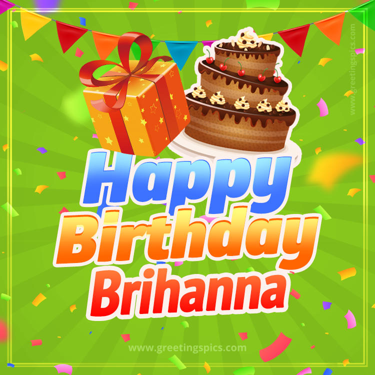 Happy Birthday Brihanna picture with flags, chocolate cake and gift box (square shape image)