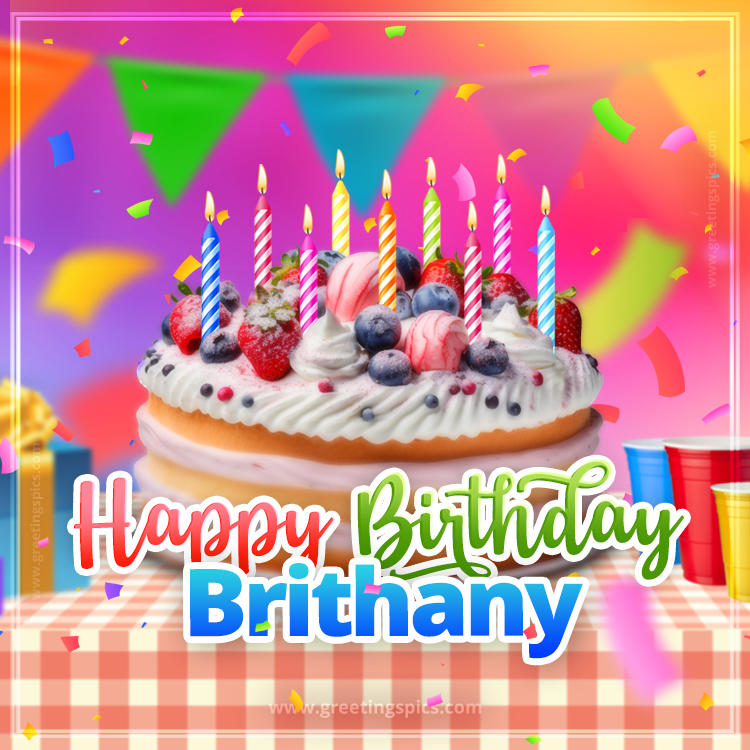 Happy Birthday Brithany Colorful Image with fruit cake and candles (square shape image)