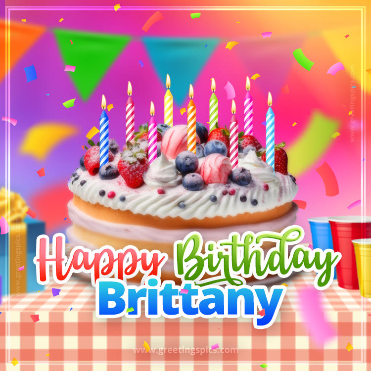 Happy Birthday Brittany Colorful Image with fruit cake and candles (square shape image)