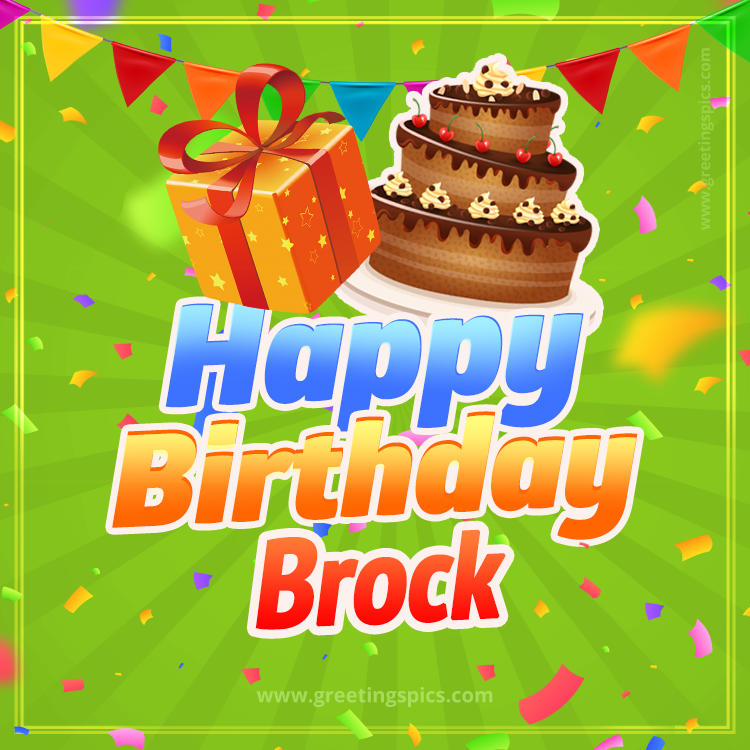 Happy Birthday Brock picture with flags, chocolate cake and gift box (square shape image)