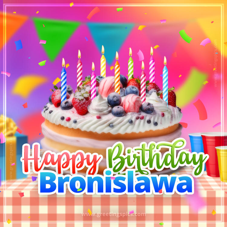 Happy Birthday Bronislawa Colorful Image with fruit cake and candles (square shape image)