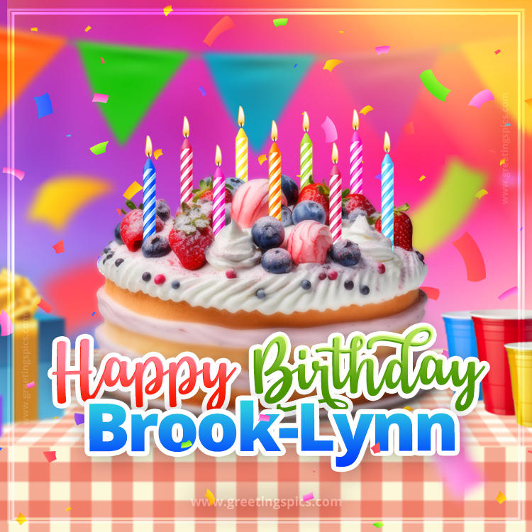 Happy Birthday Brook-Lynn Colorful Image with fruit cake and candles (square shape image)