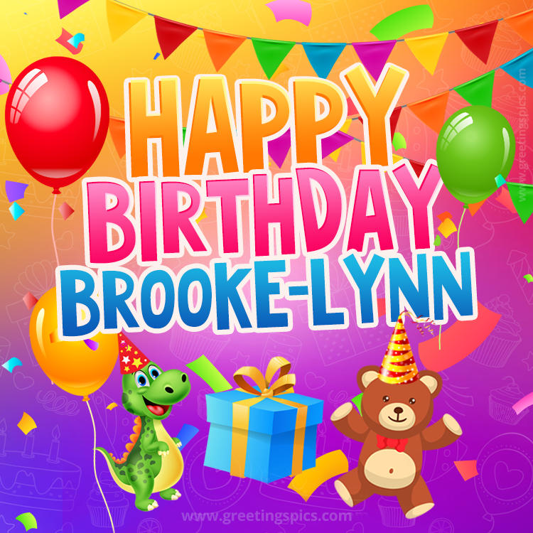 Happy Birthday Brooke-Lynn Image for a child with cute dinosaur and bear (square shape image)