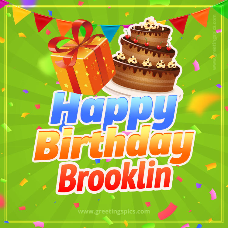 Happy Birthday Brooklin picture with flags, chocolate cake and gift box (square shape image)