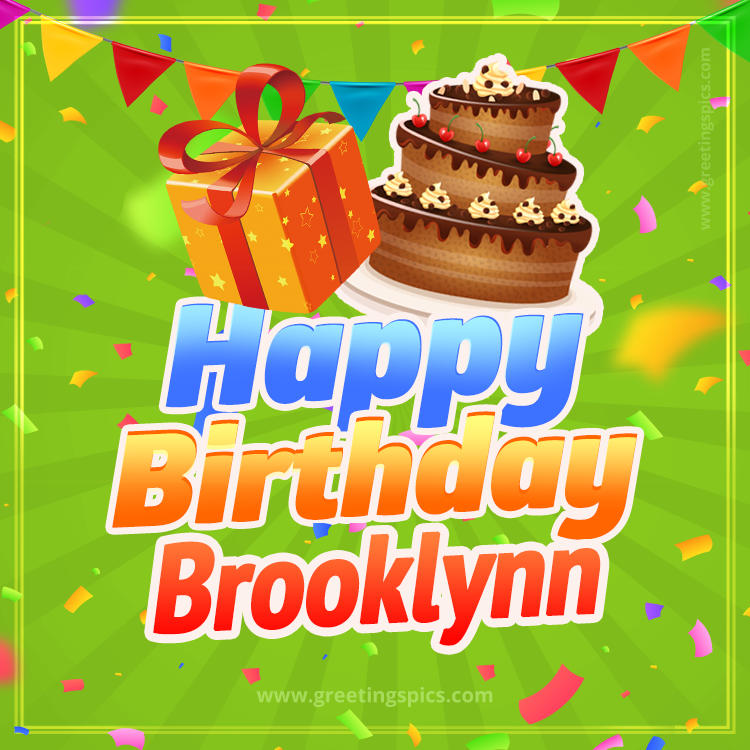 Happy Birthday Brooklynn picture with flags, chocolate cake and gift box (square shape image)