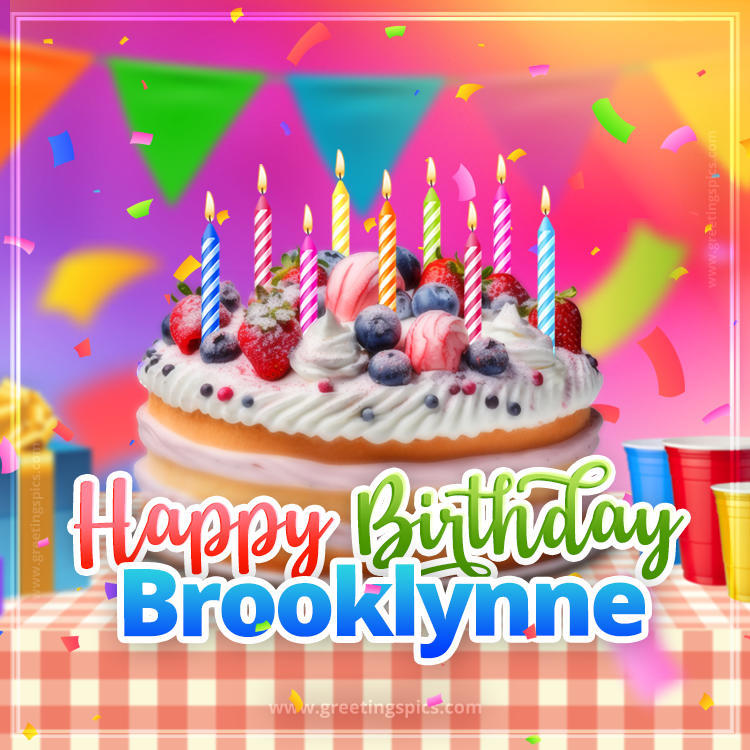 Happy Birthday Brooklynne Colorful Image with fruit cake and candles (square shape image)