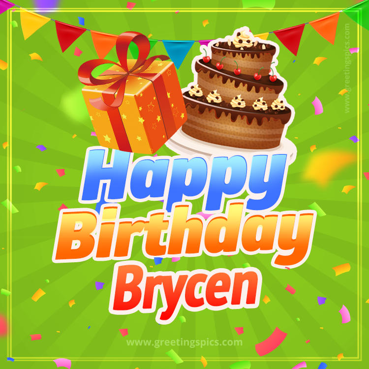 Happy Birthday Brycen picture with flags, chocolate cake and gift box (square shape image)