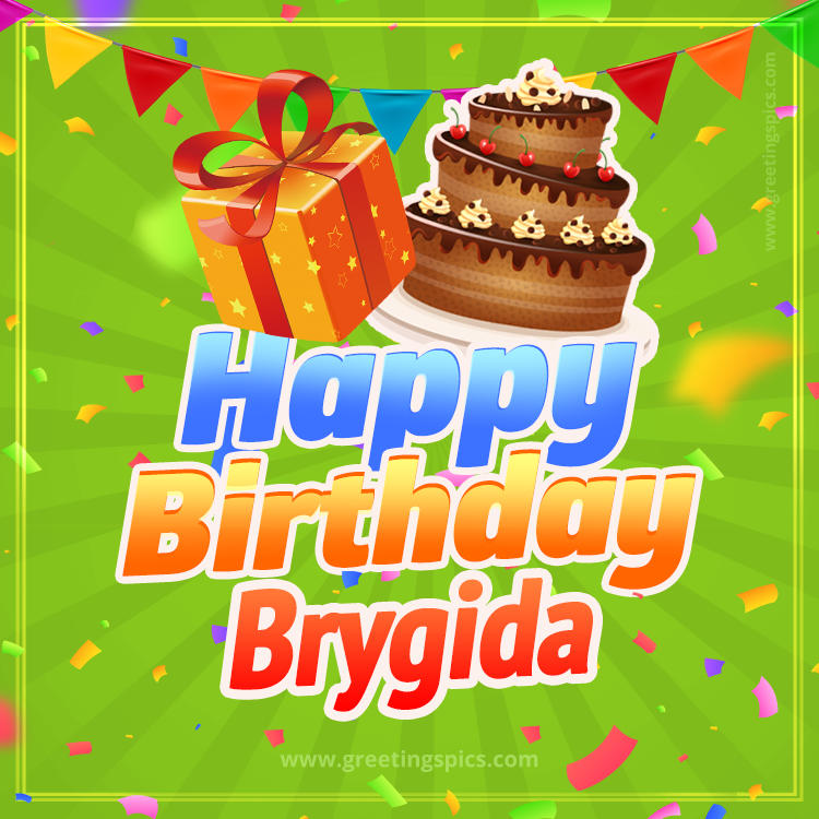 Happy Birthday Brygida picture with flags, chocolate cake and gift box (square shape image)