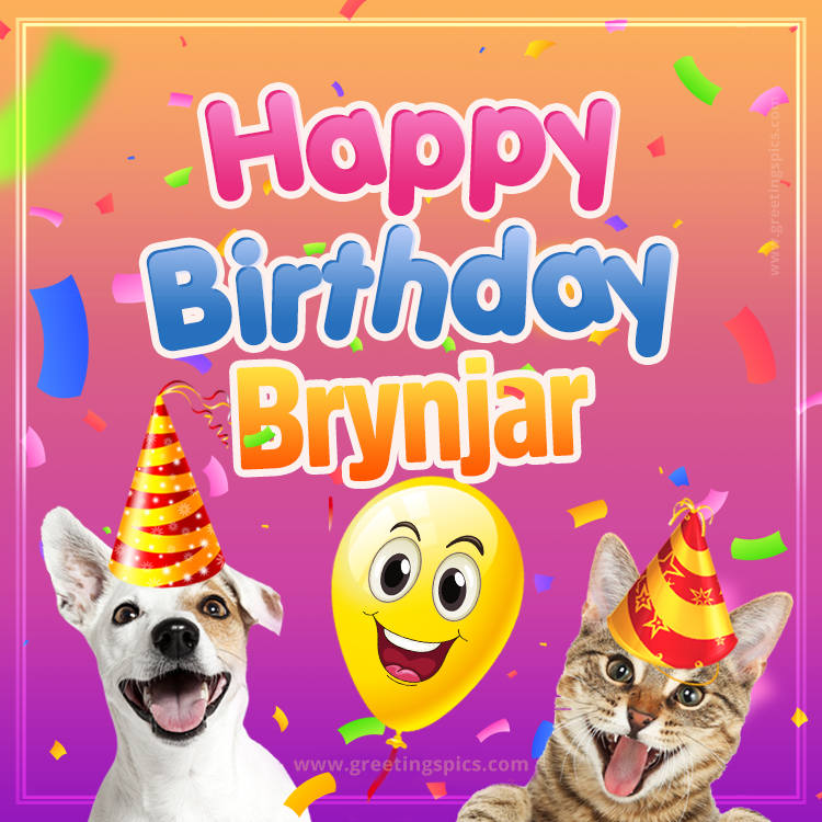 Happy Birthday Brynjar Funny Image with cat and dog (square shape image)