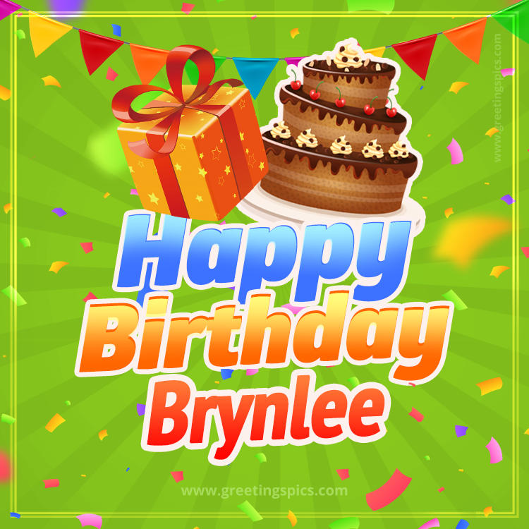 Happy Birthday Brynlee picture with flags, chocolate cake and gift box (square shape image)