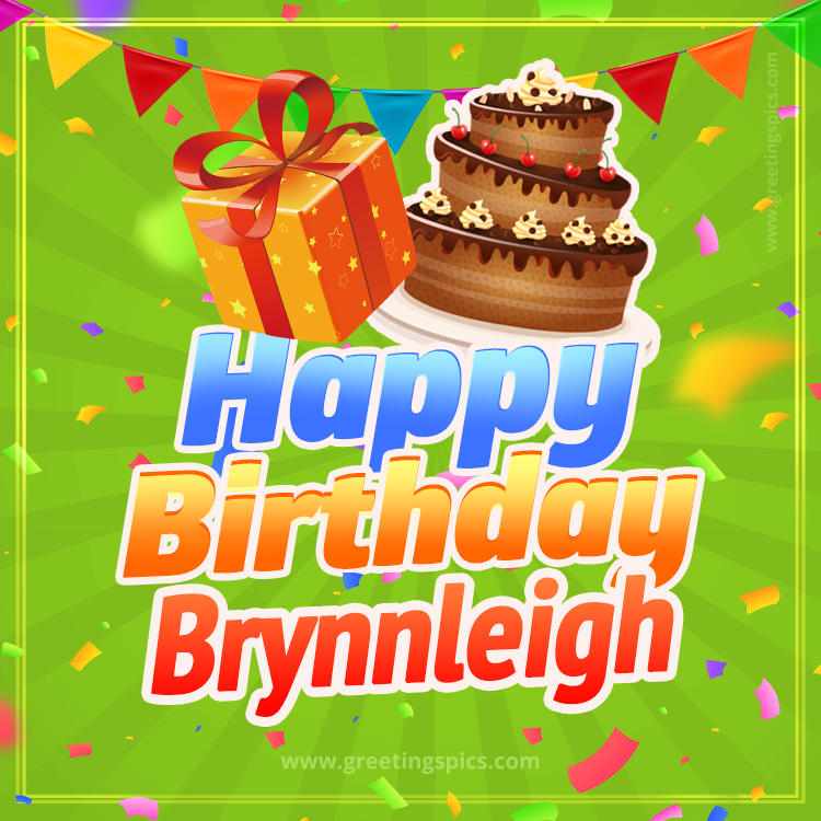 Happy Birthday Brynnleigh picture with flags, chocolate cake and gift box (square shape image)