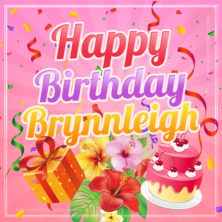 Beautiful Birthday Card for Brynnleigh with Cake and bouquet of flowers (square shape image)