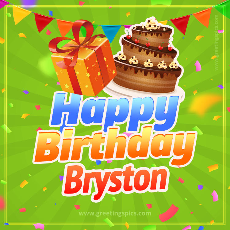 Happy Birthday Bryston picture with flags, chocolate cake and gift box (square shape image)