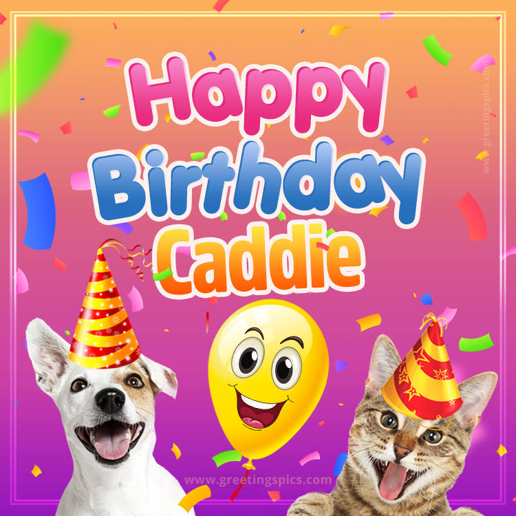 Happy Birthday Caddie Funny Image with cat and dog (square shape image)