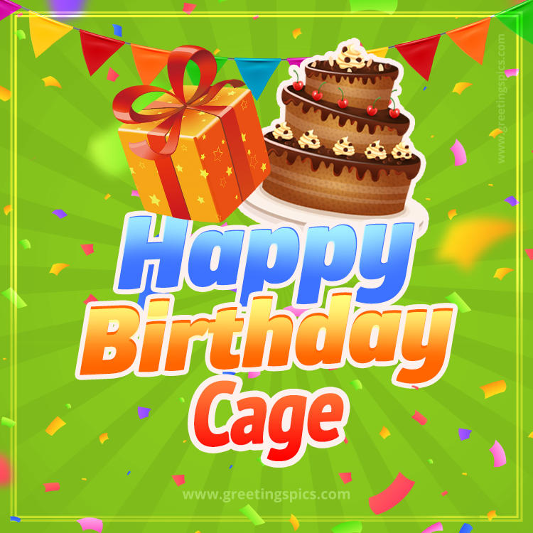 Happy Birthday Cage picture with flags, chocolate cake and gift box (square shape image)