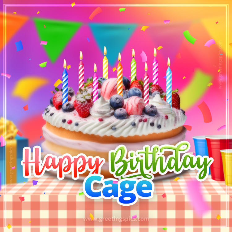 Happy Birthday Cage Colorful Image with fruit cake and candles (square shape image)