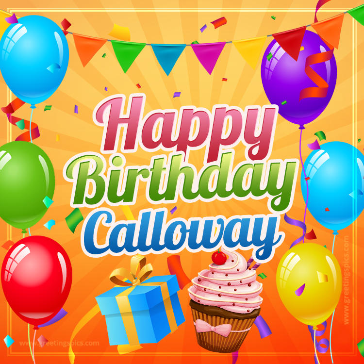 Happy Birthday Calloway eCard with gift box and cupcake (square shape image)