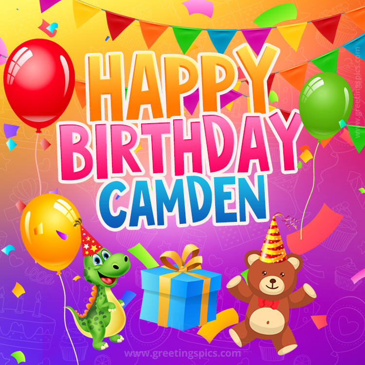 Happy Birthday Camden Image for a child with cute dinosaur and bear (square shape image)