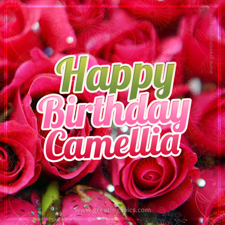 Happy Birthday Camellia beautiful Image with red roses (square shape image)