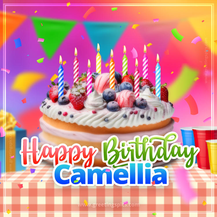 Happy Birthday Camellia Colorful Image with fruit cake and candles (square shape image)