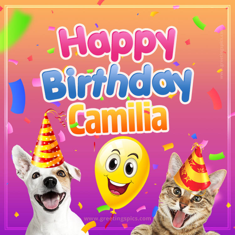 Happy Birthday Camilia Funny Image with cat and dog (square shape image)