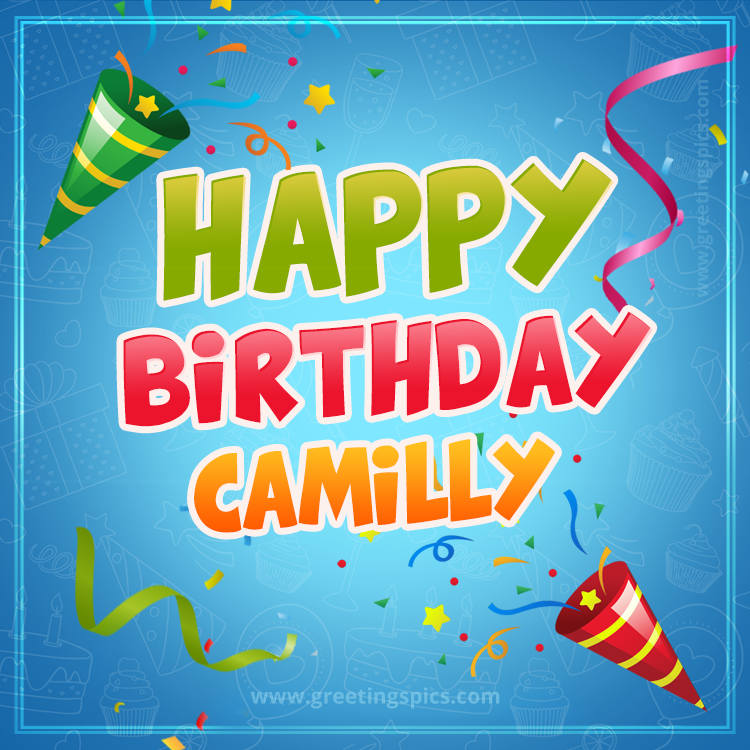 Happy Birthday Camilly picture with confetti and party poppers (square shape image)