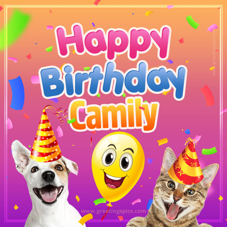 Happy Birthday Camily Funny Image with cat and dog (square shape image)