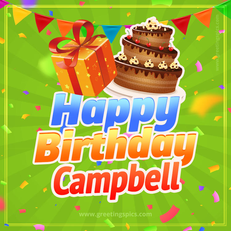 Happy Birthday Campbell picture with flags, chocolate cake and gift box (square shape image)