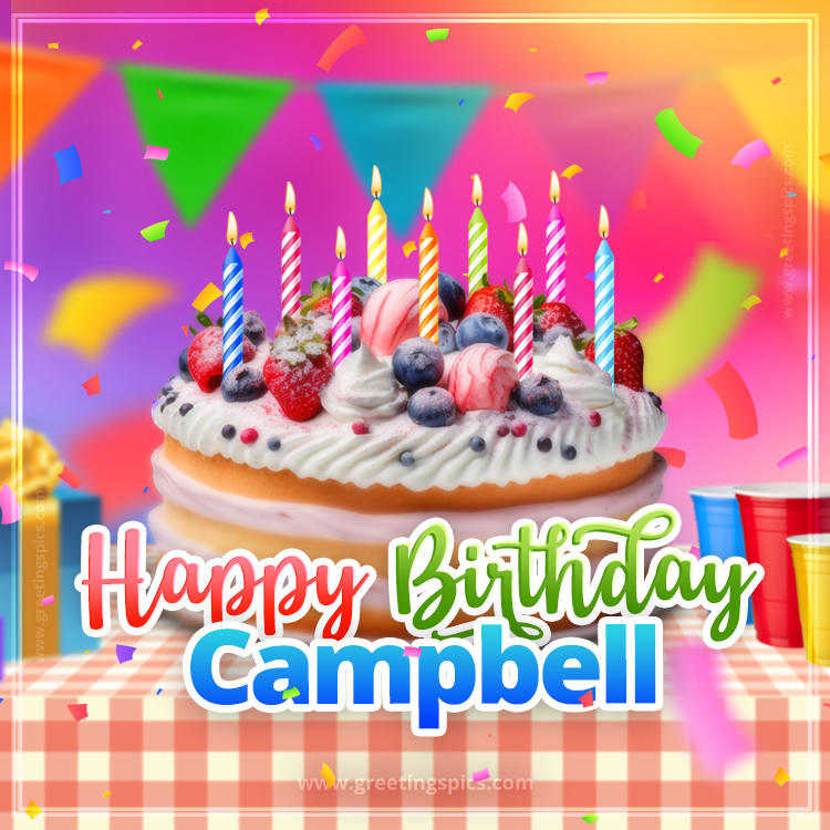 Happy Birthday Campbell Colorful Image with fruit cake and candles (square shape image)