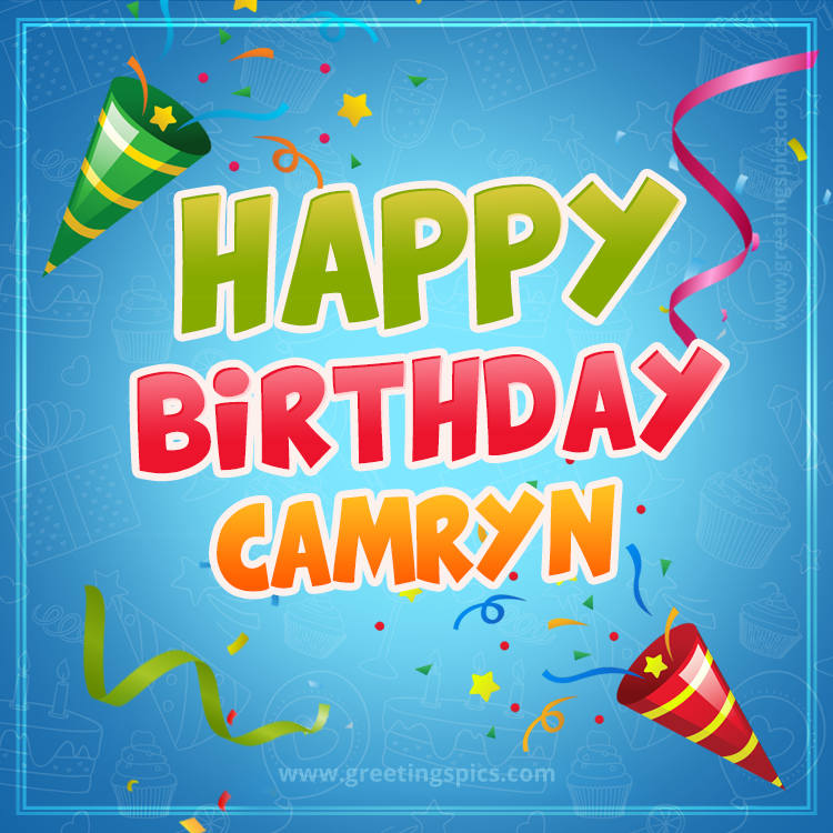 Happy Birthday Camryn picture with confetti and party poppers (square shape image)