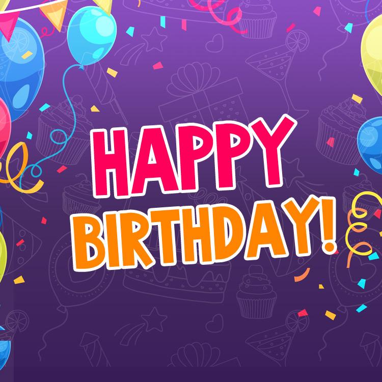 Happy birthday colorful card, with violet background, square image (square shape image)