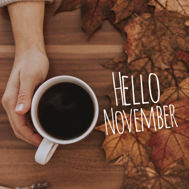 Hello November - picture with hot drink, square size (square shape image)