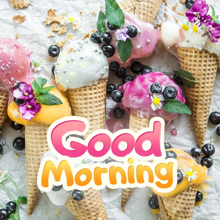 Good Morning, image with sweet ice cream, square sized (square shape image)