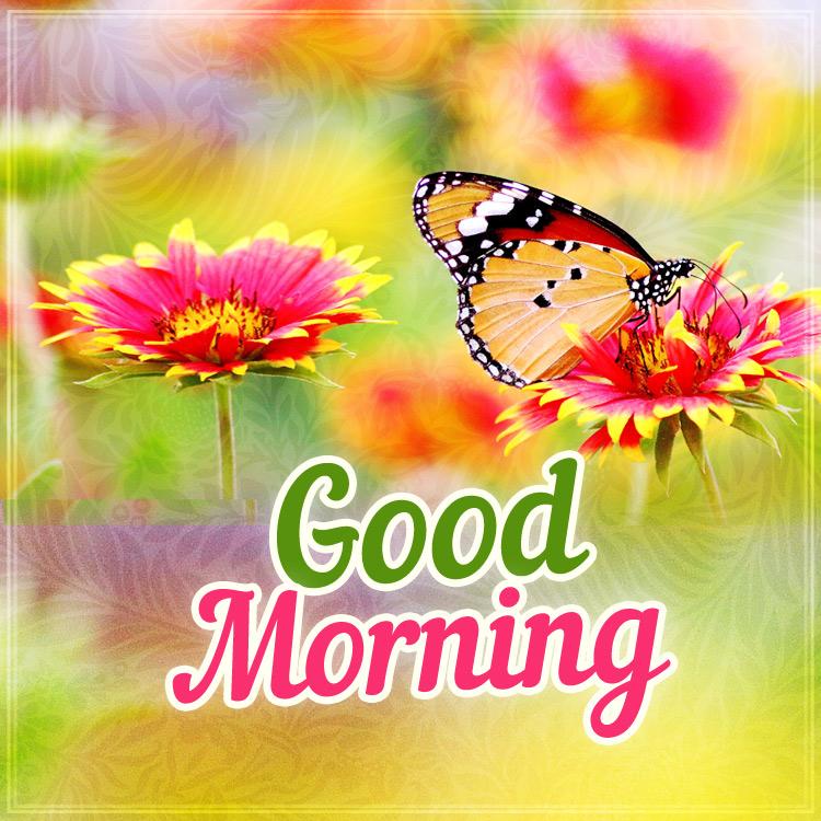 Good Morning colorful image with butterfly, square shaped (square shape image)