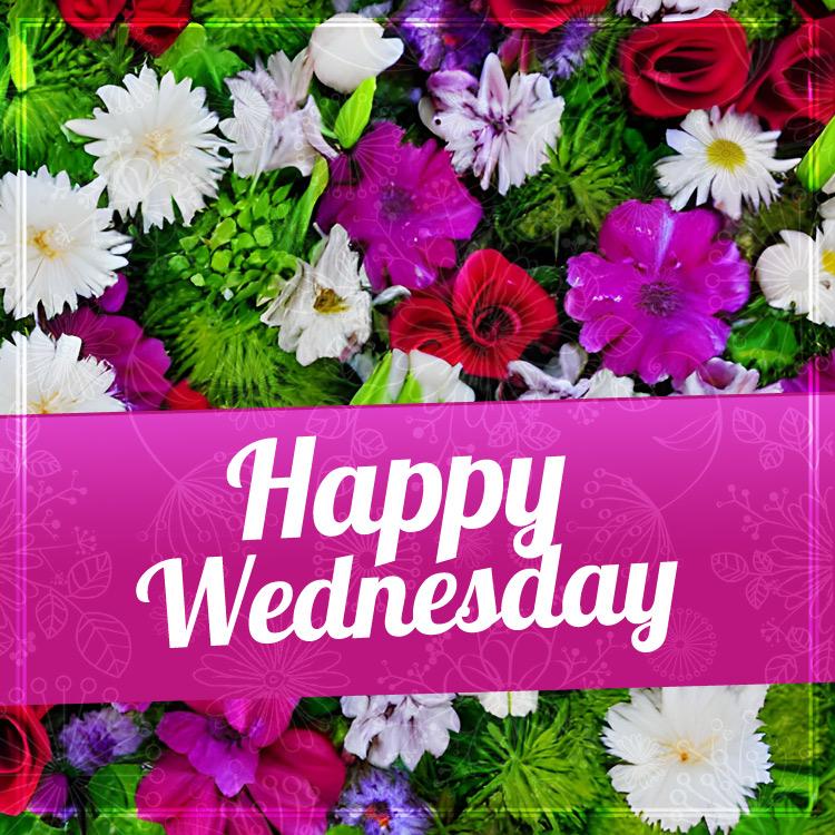 Happy Wednesday Picture with beautiful flowers, square image (square shape image)