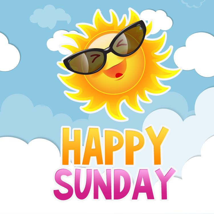 Happy Sunday Image with cartoon sun at the clouds, square size (square shape image)