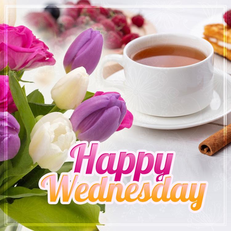 Happy Wednesday Image with beautiful flowers and breakfast, square size (square shape image)